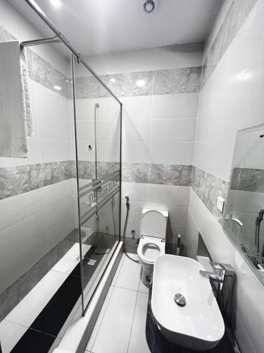 拉各斯De Rigg Place Embassy的一间带卫生间和玻璃淋浴间的浴室