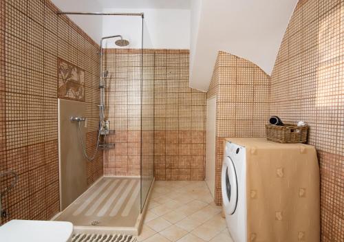 卡尔派尼西翁Riverside Forest Retreat-Chalet的带淋浴和洗衣机的浴室
