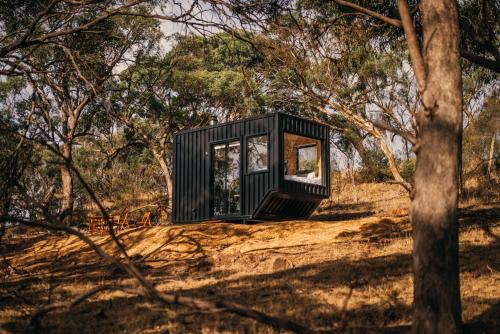 赛特菲尔德CABN Off Grid Cabins Barossa的树林中小山上的黑盒子小房子