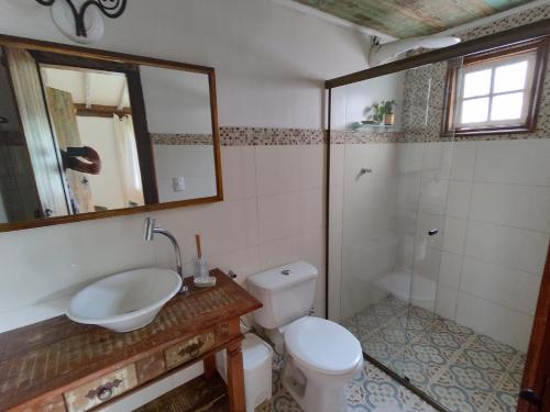 蒂拉登特斯Casa Moitará的一间带卫生间、水槽和镜子的浴室