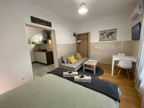 萨格勒布Grey Suites的一间卧室设有一张床和一间客厅。