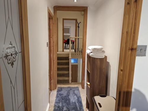 伦敦Fully-equipped flat in the city of London的走廊上设有蓝色地毯的楼梯