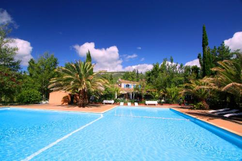 TuchanTente évasion的一座种植了棕榈树的蓝色游泳池和一座房子
