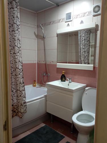 索罗卡Apartament cu 2 odai in chirie or.Soroca的浴室配有盥洗盆、卫生间和浴缸。