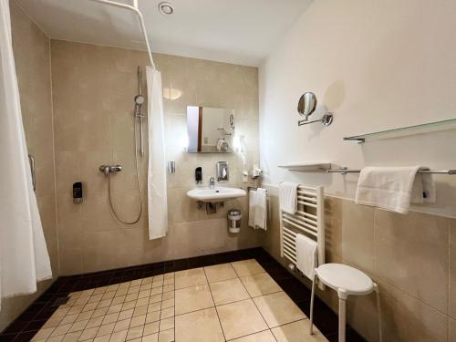德累斯顿德勒斯登阿尔特斯公寓式酒店的带淋浴和盥洗盆的浴室