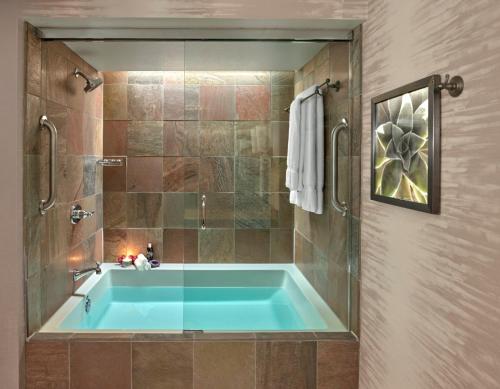土桑洛伊斯塔纳峡谷度假酒店的一间带蓝色浴缸和淋浴的浴室