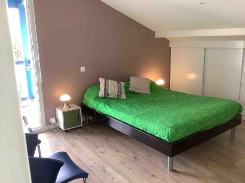 比达尔Bidart côte basque T3 250 mètres de la plage 3***的一间位于客房内的带绿床的卧室