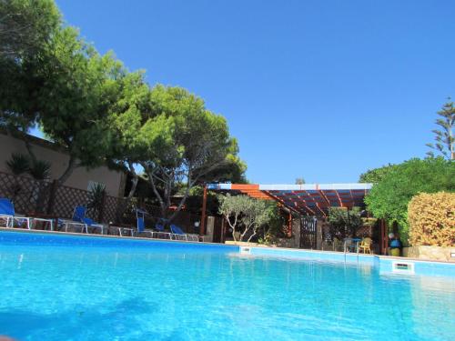 兰佩杜萨Residence Villalba的一个带蓝色椅子和树木的大型游泳池