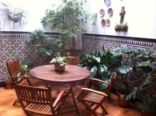 梅里达塞奈罗酒店的植物间里的一张木桌和椅子