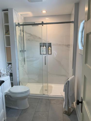 滨湖尼亚加拉瑞德库特旅馆的带淋浴和卫生间的浴室