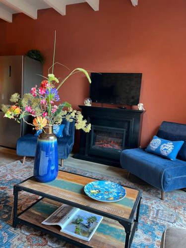 科莱恩斯普拉特Guesthouse by C的客厅设有蓝色的沙发和壁炉