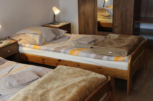 托伦Dom Pielgrzyma的一间卧室配有两张床和镜子