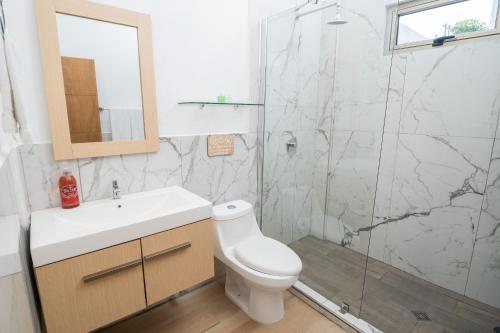 圣安娜Equinoccio Hotel的带淋浴、卫生间和盥洗盆的浴室
