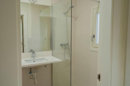 马拉加Suites Chinitas的一间带水槽和玻璃淋浴的浴室