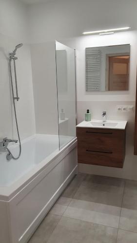 华沙Pokoje Oszmiańska的带淋浴和盥洗盆的白色浴室