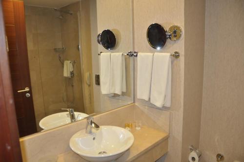 科贾埃利Happy Inn Gebze Hotel的浴室配有盥洗盆、镜子和毛巾