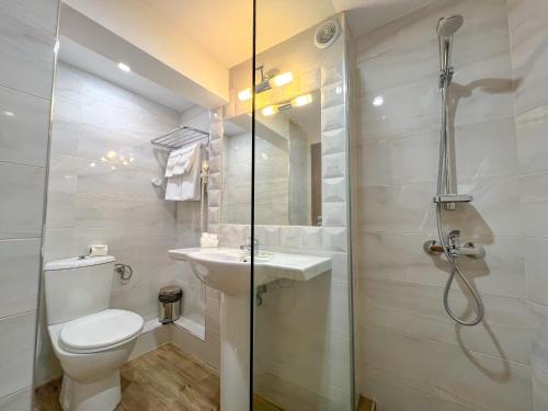 杜普尼察里拉酒店的带淋浴、卫生间和盥洗盆的浴室
