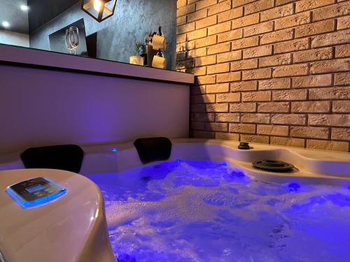 维尔蒂尼克Apartman Stefan Lux的客房内的按摩浴缸配有紫色灯