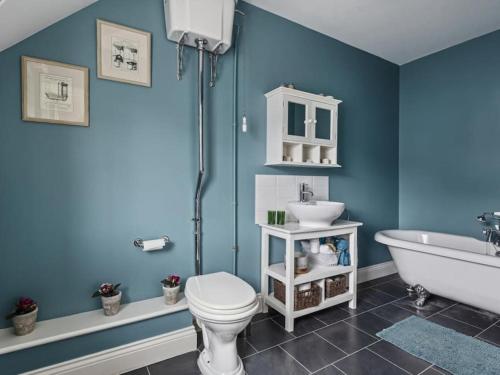 韦茅斯Large coastal cottage, private indoor pool, hut tub, sauna and steam pod的蓝色的浴室设有卫生间和水槽