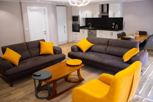 CeditVacation home with private pool, Fethiye, Oludeniz的客厅配有两张沙发和一张带黄色枕头的桌子