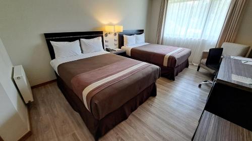 奥索尔诺Hotel Diego de Almagro Osorno的酒店客房设有两张床和窗户。