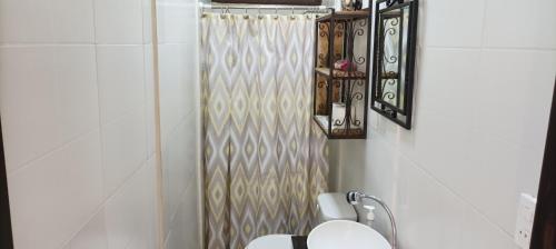 奇南德加Flor de Sacuanjoche, Chinandega的一间带卫生间和淋浴帘的浴室