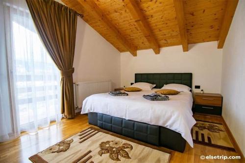 博尔沙PENSIUNEA HANTIG TURA的一间卧室设有一张带木制天花板的大床