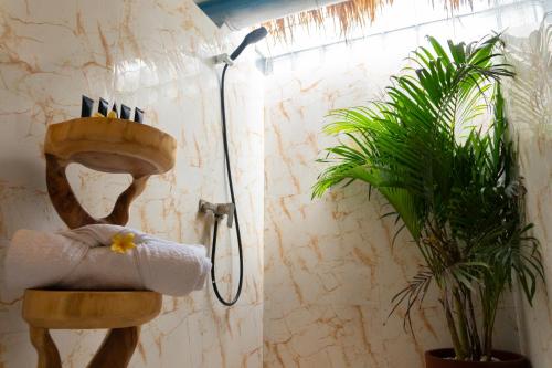 勒吉安Shray Villa. Legian的带淋浴、毛巾和植物的浴室