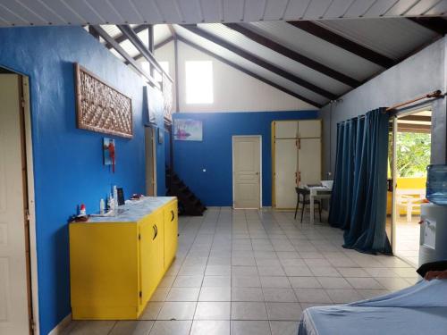 乌图罗阿VILLA DE LA BAIE RAIATEA的一间设有黄色柜台和蓝色墙壁的房间