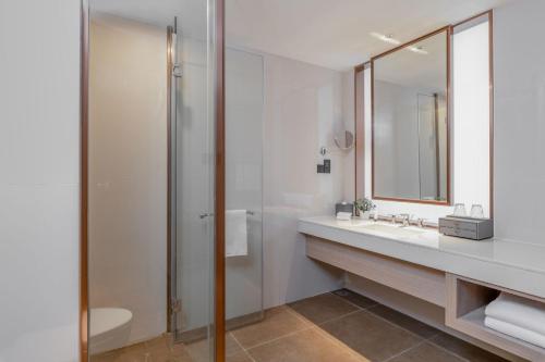 上海上海虹桥睿景酒店的白色的浴室设有水槽和淋浴。