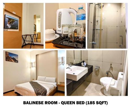 哥打京那巴鲁婆罗洲万怡酒店的浴室图片的拼贴,浴室里设有一张床和一个水槽
