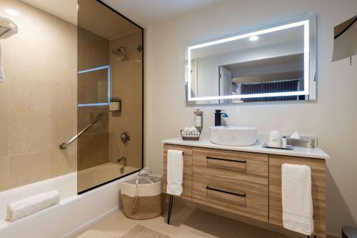 乌马考Wyndham Palmas Beach and Golf Boutique Resort的一间带水槽、淋浴和镜子的浴室
