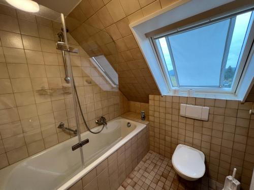 蒂蒂湖-新城Ferienhaus Frei 3 Budget的带浴缸、卫生间和窗户的浴室