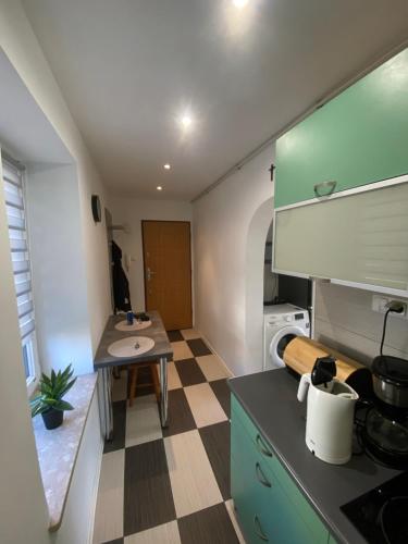 克拉科夫Apartament Osiedle Ogrodowe的厨房设有绿色橱柜和 ⁇ 格地板