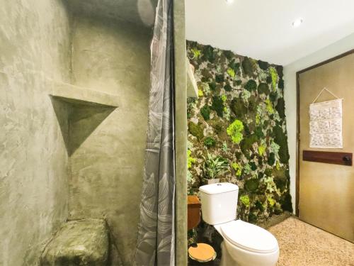派莱卡斯Papou Cottage的一间带卫生间和植物墙的浴室