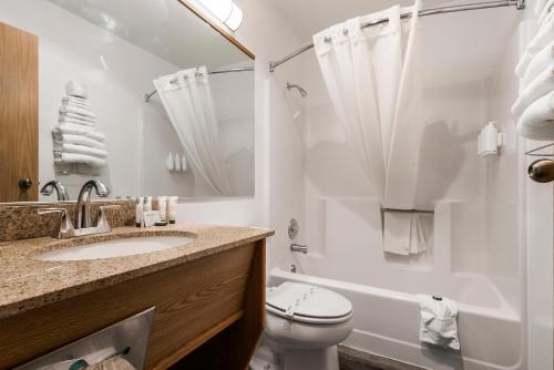 索诺拉索诺拉阿拉丁汽车旅馆的一间带水槽、卫生间和淋浴的浴室