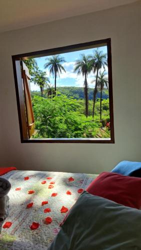圣安娜杜里亚舒Pousada Sempre Luz的一间卧室设有窗户,享有棕榈树的景色