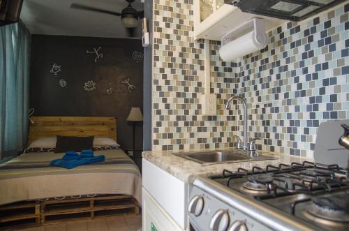 圣胡安Coqui del Mar - LGBTQ Hotel - Adults Only的厨房配有炉灶、水槽和床。