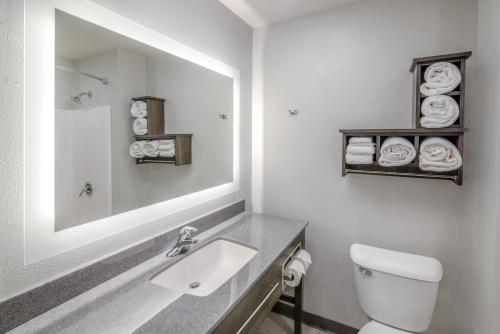 楠帕My Place Hotel-Boise-Nampa, ID-Idaho Center的白色的浴室设有水槽和镜子