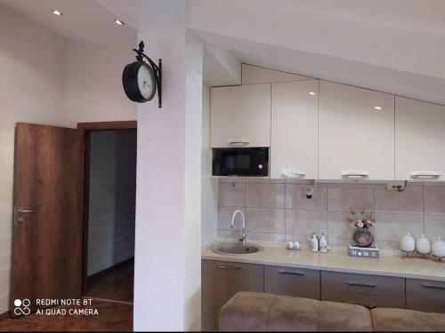 伊加洛Apartman lux REA1的厨房设有水槽和墙上的时钟