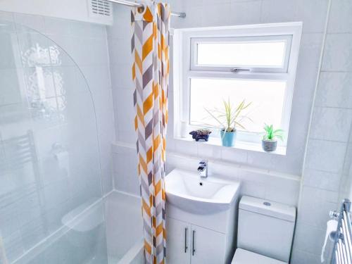 伦敦The Navarone Blue Orchid Flat的一间带卫生间、水槽和窗户的浴室