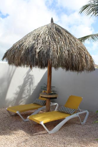 奥拉涅斯塔德Dancing Iguanas的海滩上的两把椅子和一把遮阳伞