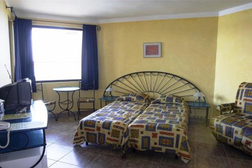 索佐波尔帕尔纳斯酒店的一间卧室配有一张床、一张桌子和一台电视。