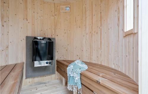 JægersprisAmazing Home In Jgerspris With Indoor Swimming Pool的一间带电视和木墙的桑拿浴室