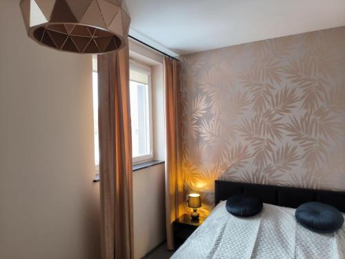 克拉科夫Apartament Stańczyka的一间卧室配有一张带蓝色枕头的床和一扇窗户。