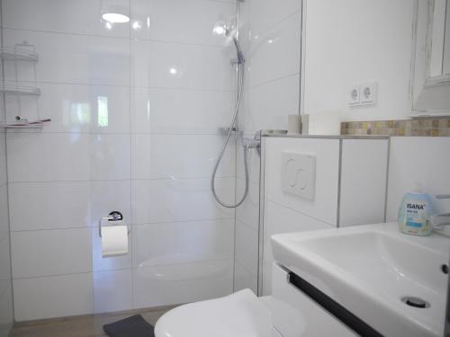 沙博伊茨Ocean Hill的带淋浴、卫生间和盥洗盆的浴室