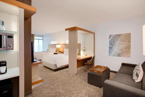 温莎洛克斯哈特福德机场温莎洛克斯春季山丘套房酒店的配有一张床和一张书桌的酒店客房