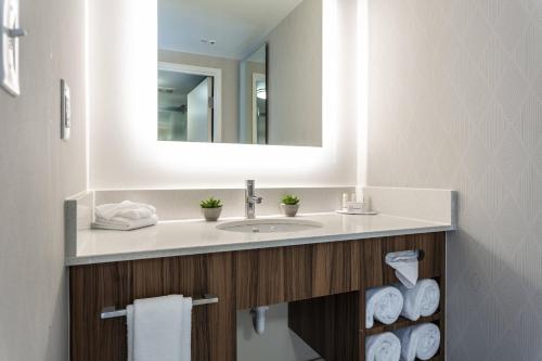 奥斯汀SpringHill Suites by Marriott Austin The Domain Area的浴室配有盥洗盆、镜子和毛巾