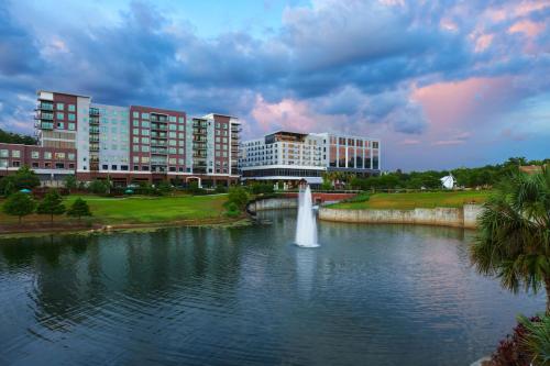 塔拉哈西AC Hotel by Marriott Tallahassee Universities at the Capitol的湖中喷泉,有建筑物