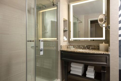 坦帕坦帕国际广场万丽酒店的带淋浴、盥洗盆和镜子的浴室